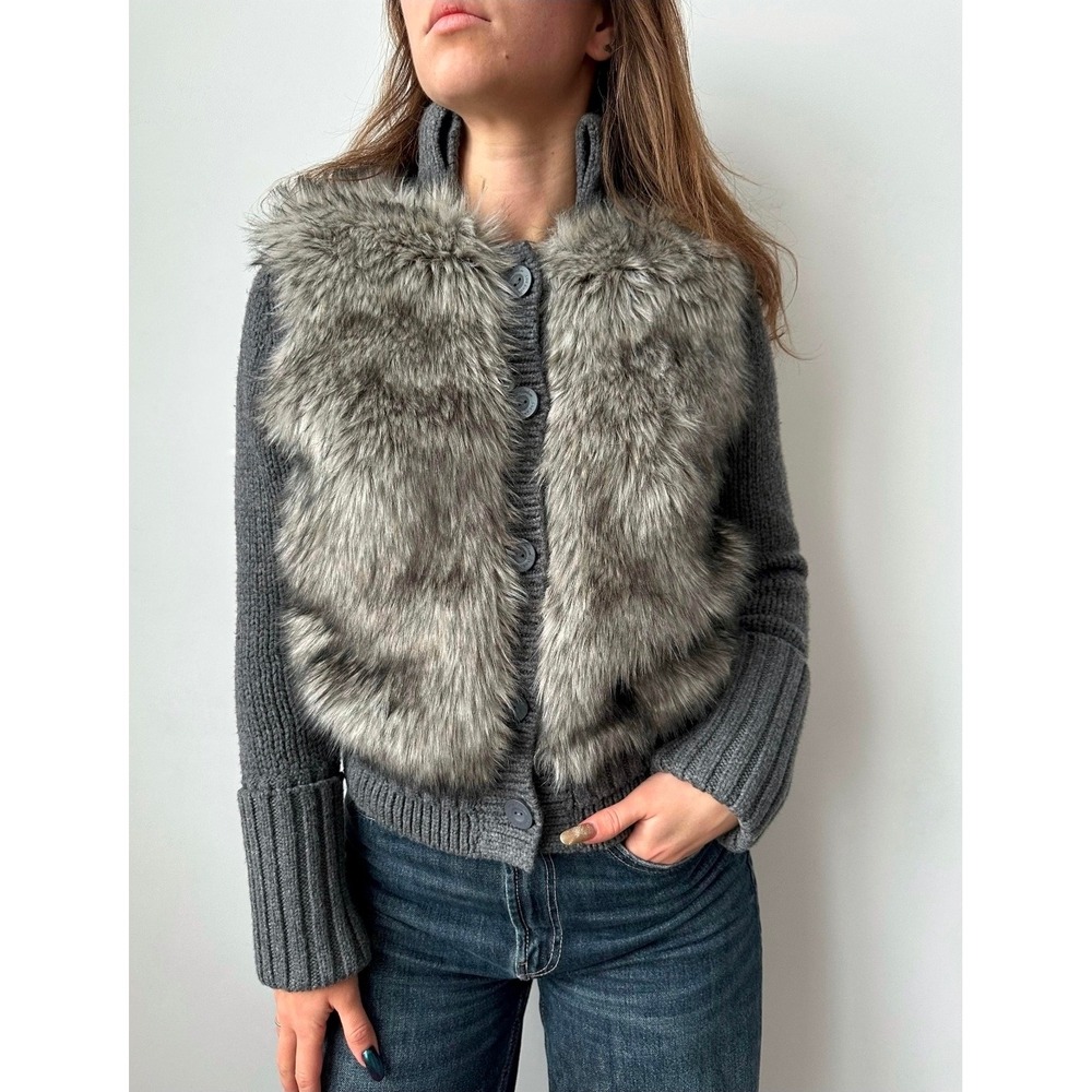 Juicy Couture Y2K Gray Wool Blend Faux Fur Front Button Cardigan Sweater Small